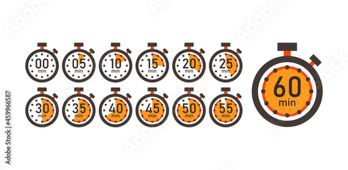 Cooking time, set of time counter icons from 5 minutes to 1 hour. Stopwatch Timer Clock Vector Illustration Isolated