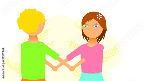 Flat Girl Woman Character With The Boy Holding Hands With Different Colors Eyes Disease Heterochromia Concept Vector Design Style