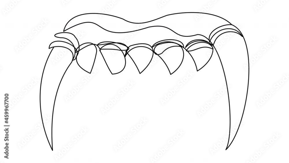 Selfdrawing vampire teeth one line on a white background. 4k animation