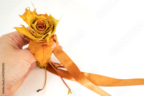 Finished rose flower assembled from maple leaves tied with a ribbon. How to make an autumn bouquet of roses from colorful maple leaves. DIY concept. Step 10 of 12 step-by-step photo instruction