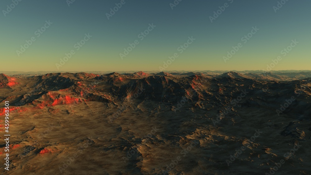 realistic surface of an alien planet, view from the surface of an exo-planet 3d illustration