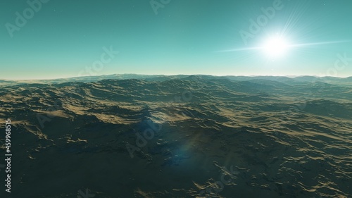 realistic surface of an alien planet, view from the surface of an exo-planet 3d illustration