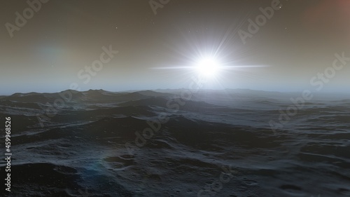 realistic surface of an alien planet, view from the surface of an exo-planet 3d illustration