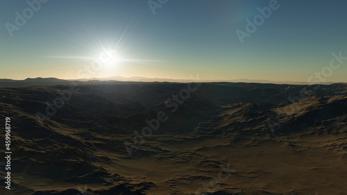 realistic surface of an alien planet  view from the surface of an exo-planet 3d illustration