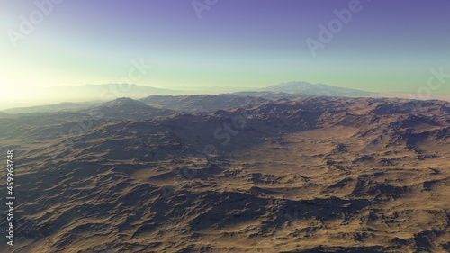 realistic surface of an alien planet, view from the surface of an exo-planet 3d illustration