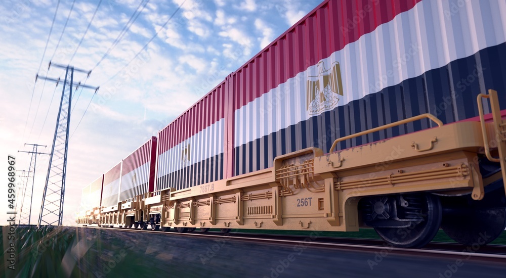 Egyptian exports. Freight train with loaded containers in motion. Stock