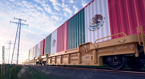 Mexican exports. Freight train with loaded containers in motion. 