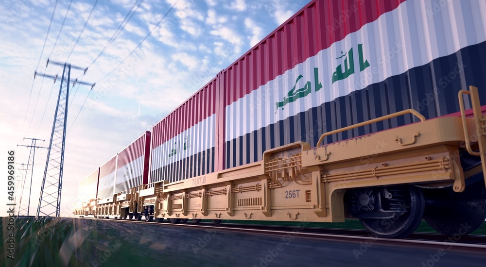 Iraqi exports. Freight train with loaded containers in motion. Iraqi exports. Freight train with loaded containers in motion.