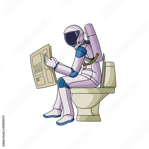Astronaut reading papernews on toilet bowl