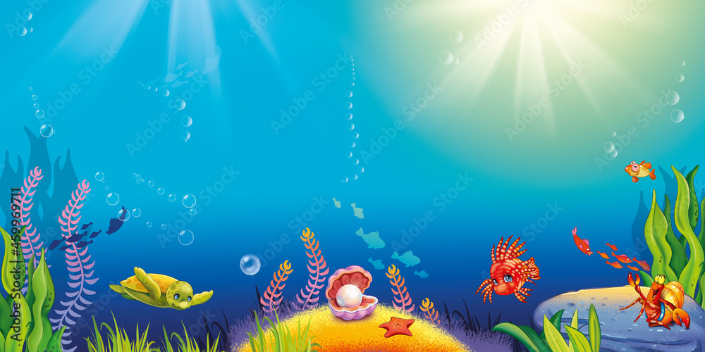 Marine background with crab, turtle, fish and pearl