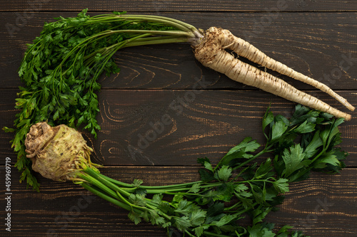 Root vegetables with green leaves on a wooden background, parsley root and celera, farm vegetables photo