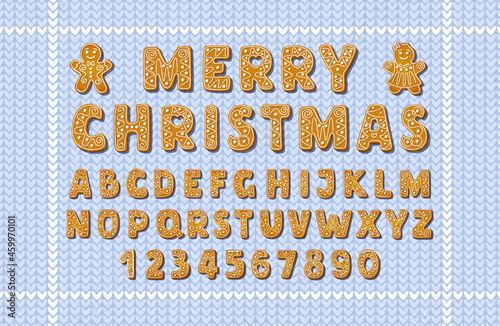 Christmas gingerbread alphabet font and numbers on blue knitting background. Winter icing-sugar cookies in shape of english letters with gingerbread men. Cartoon Vector illustration