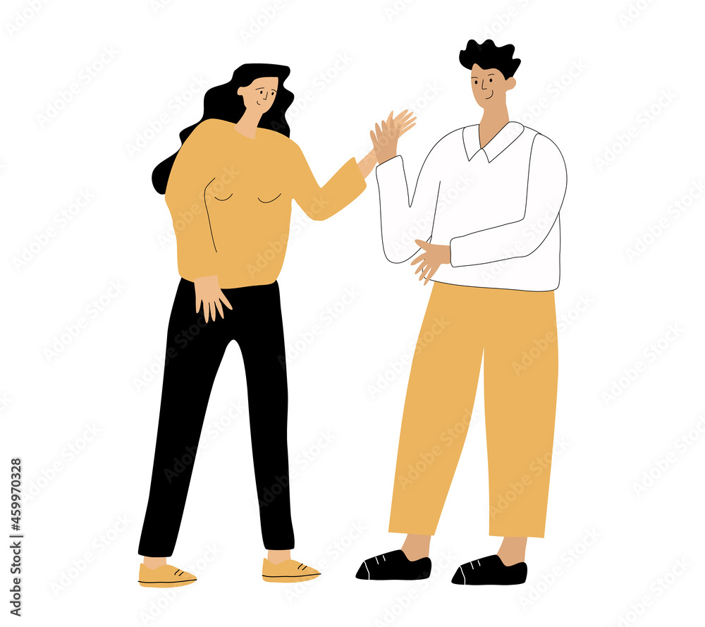 A woman and a man are talking. Smalltalk, a conversation on the street ...