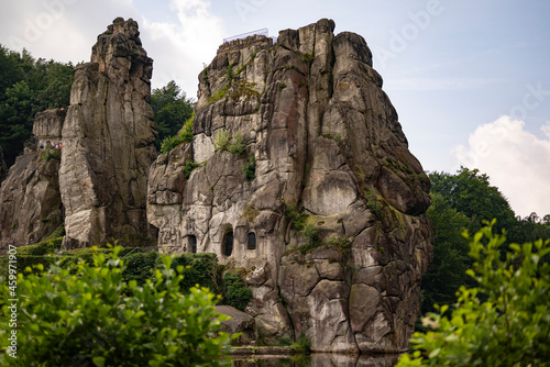The Externsteine, a prominent sandstone rock formation in the Teutoburg Forest, near the town of Horn-Bad Meinberg in the district of Lippe in North Rhine-Westphalia (Germany). 