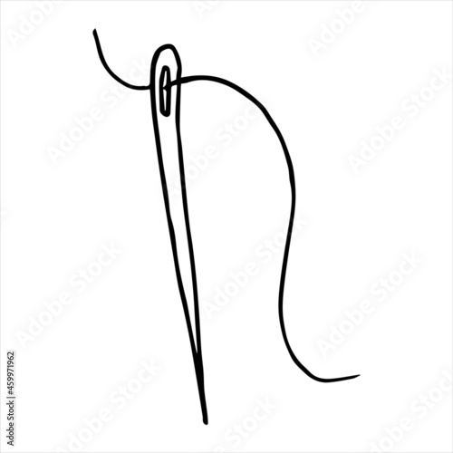 Needle and thread symbol for cutting and sewing. Vector embroidery tool in doodle style. Needlework concept. Hand drawn sewing tools equipment. Isolated on a white background.