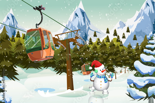 Winter mountains cable car with snowman Ski lift Christmas time