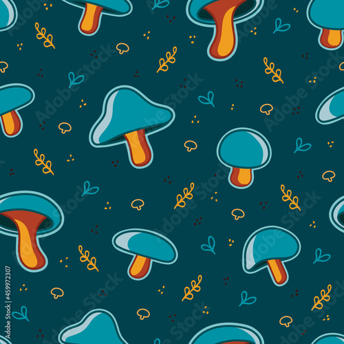 Seamless mushroom pattern with decorative leaves and fungi on a night blue background. 