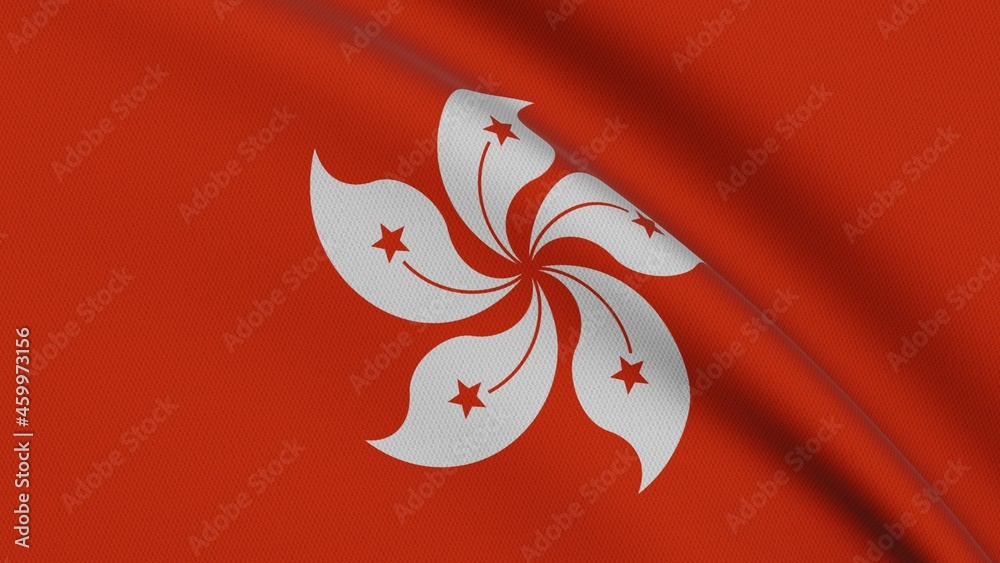 Obraz premium Close-up of the waving flag of Hong Kong with white Bauhinia flower on red background