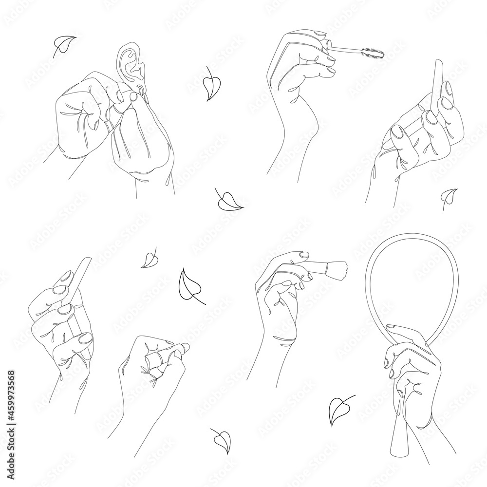 Silhouettes of human hands. Makeup, lipstick, mascara, earring, powder, blush and mirror in a modern one line style. Solid line sketches for decor, posters, stickers, logo. Vector illustration.