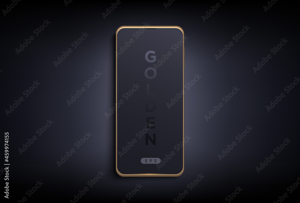 Modern futuristic golden thin frame full screen smart phone mock up with front view. Blank screen isolated device on dark background. Mockup for mobile applications and presentations design Modern futuristic golden thin frame full screen smart phone mock up with front view. Blank screen isolated device on dark background. Mockup for mobile applications and presentations design
