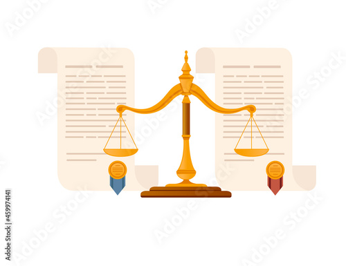 Scales of justice and judicial acts with seals vector illustration on white background