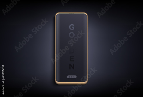 Modern futuristic golden thin frame waterfall screen smart phone mock up with front view. Curved edge display isolated device on dark background. Mockup for mobile applications design.