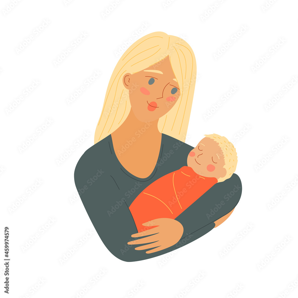 Mother with child. mothers Day. Woman with newborn baby. The parent holds the child in her arms. Stock vector flat cartoon illustration isolated on white background. Mother with child. mothers Day. Woman with newborn baby. The parent holds the child in her arms. Stock vector flat cartoon illustration isolated on white background.