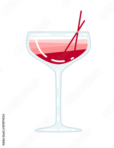 Alcoholic cocktail cosmopolitan in glass with drinking straws vector illustration of summer beach drink on white background