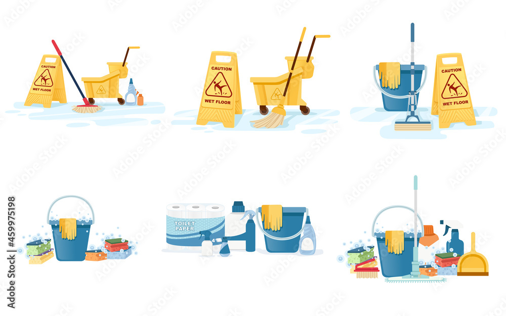 Set of group of cleaning tools wet floor sign mop bucket and chemical cleaning supplies flat vector illustration on white background Set of group of cleaning tools wet floor sign mop bucket and chemical cleaning supplies flat vector illustration on white background