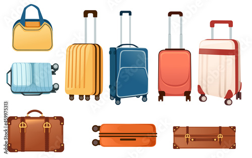 Set of different color luggage for travel suitcase for vacation and journey vector illustration on white background photo