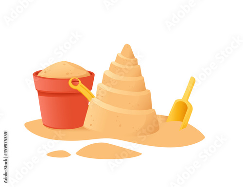 Sand tower on the beach happy childhood hobby building with sand shovel and bucket vector illustration on white background