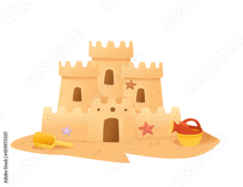Sandcastle on the beach happy childhood hobby building vector illustration on white background