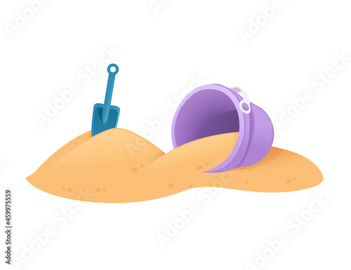 Shovel and bucket toy on beach happy childhood hobby building sandcastle vector illustration on white background
