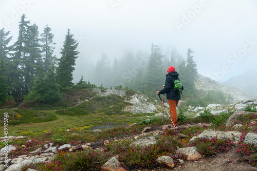 Female Senior Hiker on Trail With Walking Poles. A woman hiking the Table Mountain trail in the Mt. Baker-Snoqualmie National Forest, Washington state. 