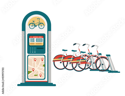 Bike rental dock station with modern city electric bike vector illustration on white background