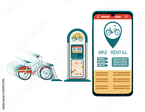 Bike rental dock station with modern city electric bike smartphone app for rent vector illustration on white background