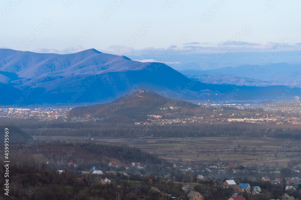 Panoramic view of Khust valley with Khust fortress, Carpathian mountains, Ukraine