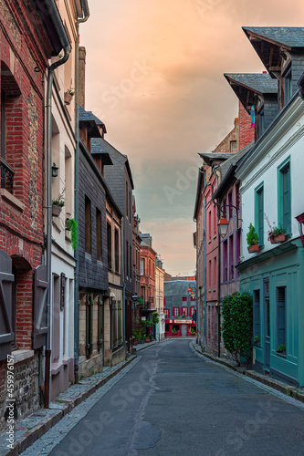 Picturesque street of old town Honfleur, a french commune in the Calvados department and famous tourist resort in Normandy. Especially known for its old port.