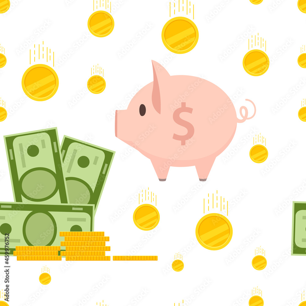 Seamless pattern pink piggy bank with paper dollars vector illustration on white background