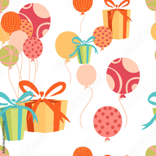 Seamless pattern of birthday cake striped candles and air balloons birthday celebration vector illustration on white background