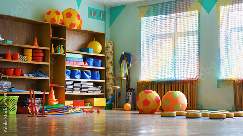 Canvastavla Empty children class room with sport equipment fot fitness activity
