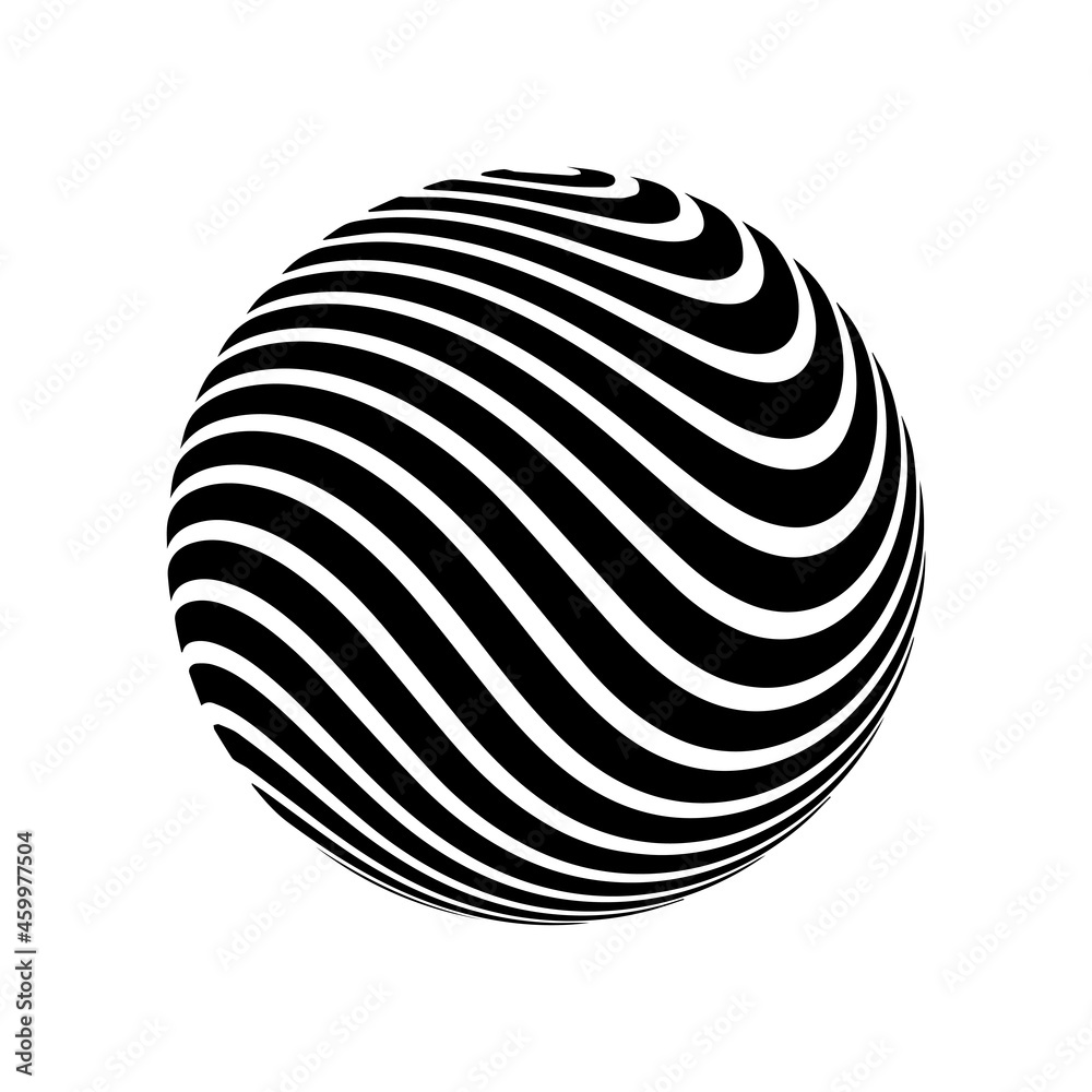 Optical illusion on 3d sphere. Sphere of stripes. Illusion effect