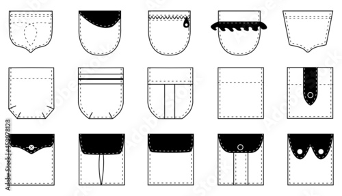 Patch pocket  set kets for clothes, shirts, dresses, pants, coats, jackets. Vector isolated.
