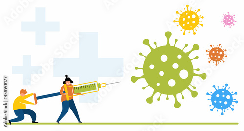 Man and woman fighting with coronavirus using vaccine injection bow prick. Virologists in uniform protecting people from covid-19 corona virus concept. Research process vector illustration.