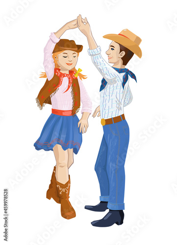 Kids Dancing Country Dance. American children, dancing couple. Vector illustration