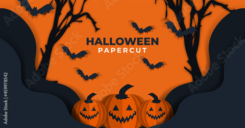 Halloween paper cut background for party invitation, greeting card, web banner or Sales with cutest pumpkins, background. Paper cut style, digital craft style