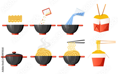 Step by step instant noodle and pasta cooking instructions vector illustration on white background