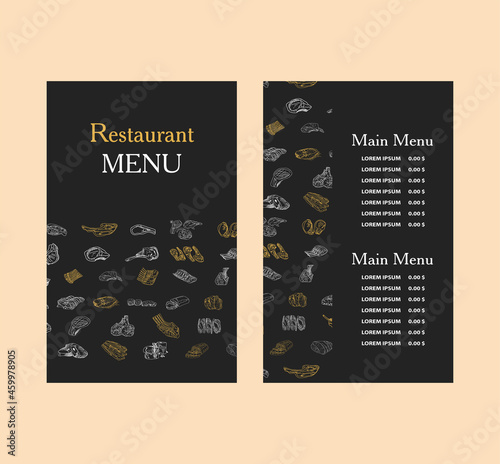 Vector sketch menu for meat restaurant. Food menu design elements. Restaurant cafe menu  template design. Food flyer. Vector.