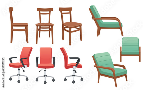 Set of modern and classic chairs with different angle view vector illustration on white background
