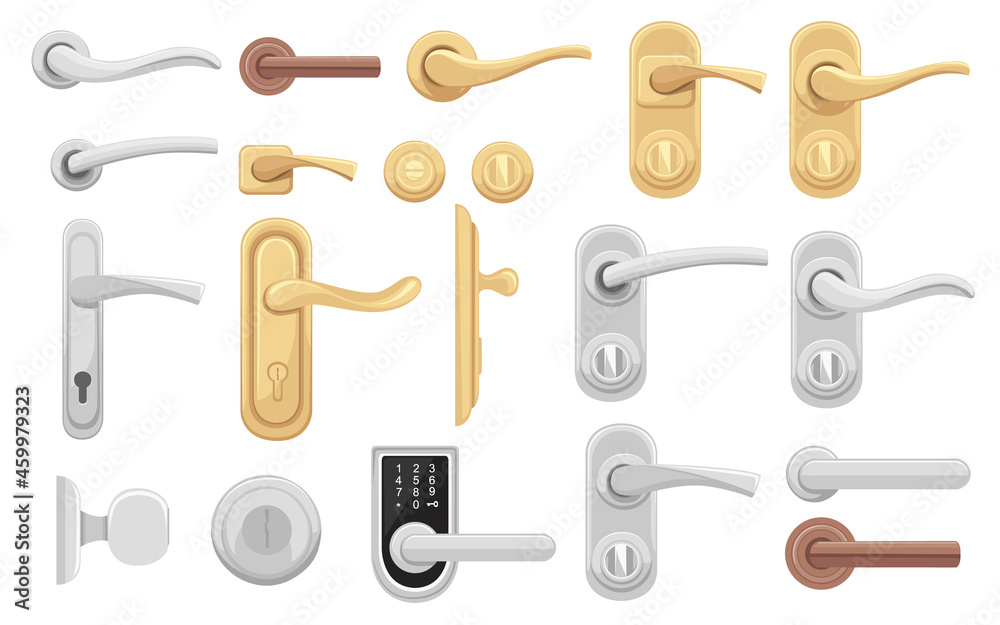 Obraz premium Set of different form lock metal silver and gold door or window handle set flat vector illustration on white background